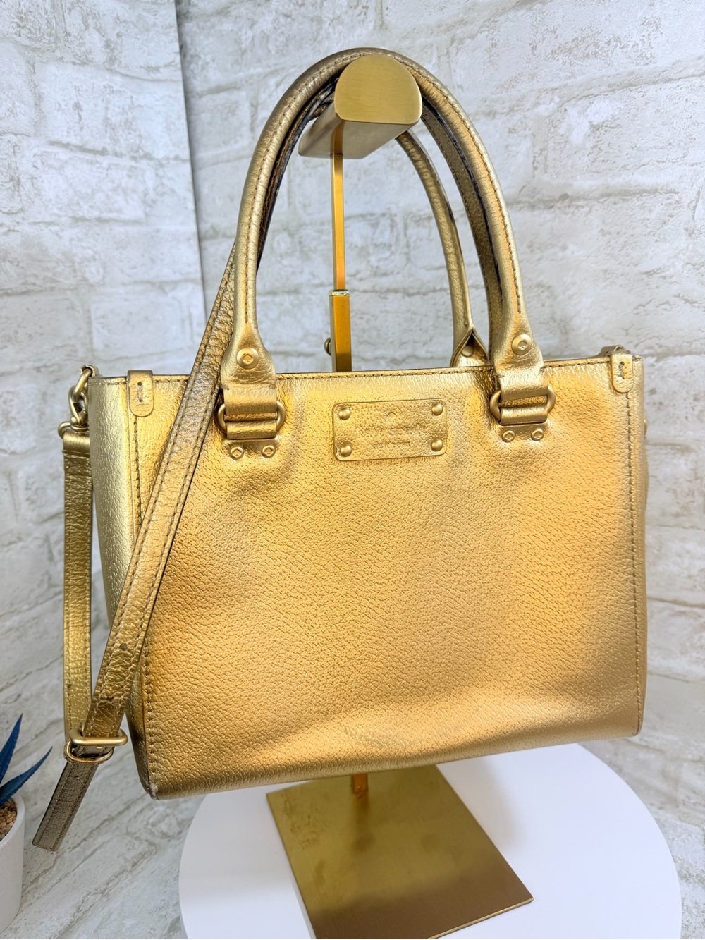 Kate Spade Metallic Gold Leather Satchel Shoulder Bag with Removable Crossbody